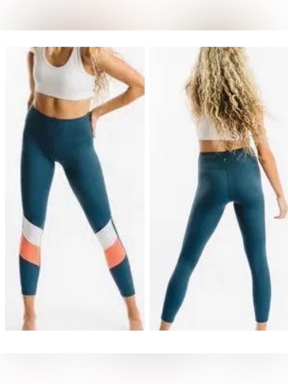 Zyia Teal Leggings with Coral and White Colorblock Panels Sz M